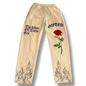 GFTD LA Mens Large Cream Rose Flame Embroidered Cotton‎ Drawstring Pants